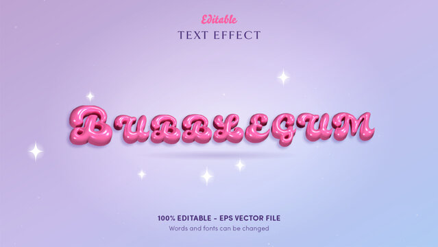 Glossy bubblegum pink inflated 3D plastic text effect in kawaii style on a baby blue to lilac pastel sky