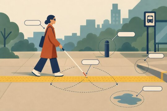 Woman with white cane navigating city sidewalk past bus stop. Accessible public transportation and independent mobility. Orientation wayfinding and urban pedestrian safety.