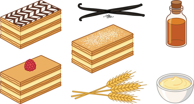 Classic French Mille Feuille Pastry Vector Set with Napoleon Cake Slices Vanilla Bean Sticks Powdered Sugar Custard Cream and Syrup Bottle Elements