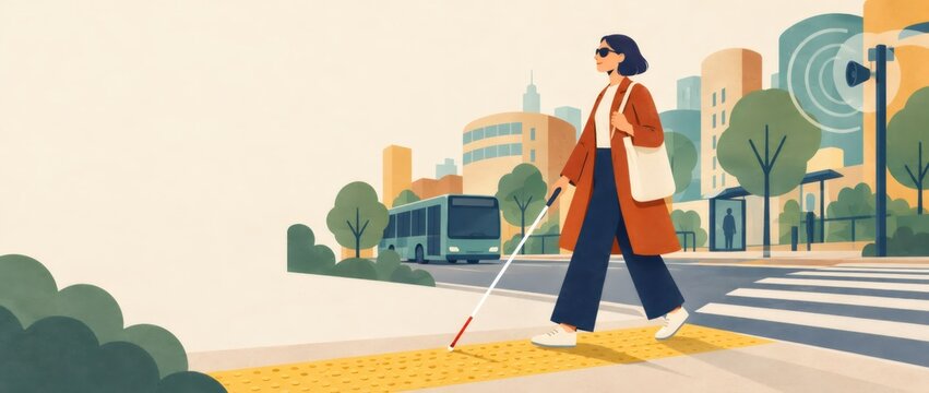 Blind woman walking with a white cane across a tactile paving street crossing in a modern city. Accessible public transit and pedestrian safety. Inclusive urban mobility and independent