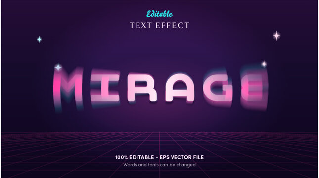 Synthwave mirage editable text effect with pale pink 80s caps, magenta spin blur and cyan echo on violet