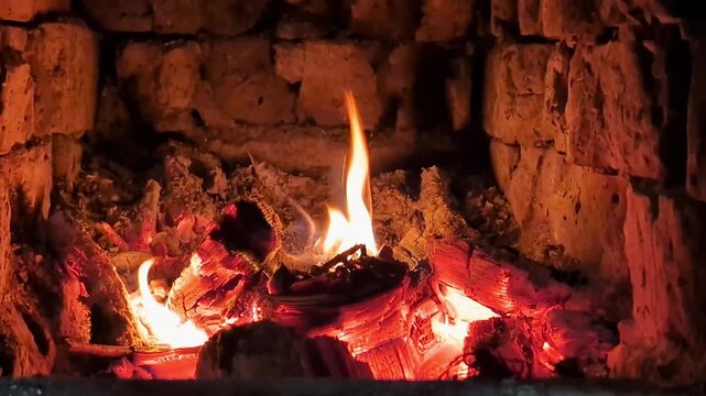 Burning wood inside an old-fashioned brick stove creates a captivating display of glowing embers and flickering flames.