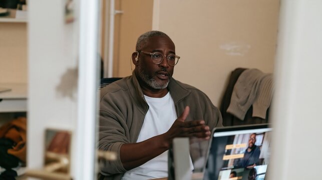 Job interview candidate participating in a video call, a dignified man gesturing during an online interview in a cozy home office for hiring