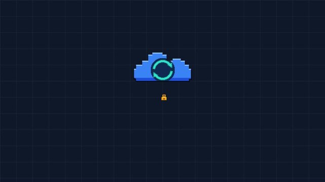 4K seamless looping animation of a 16-bit retro pixel cloud server synchronizing data. Features document, image, and security lock files streaming upward into the cloud core