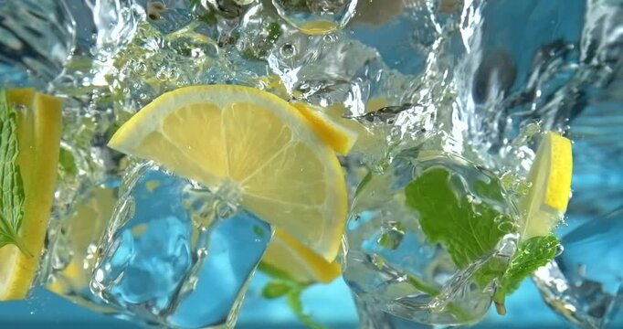 Lemon slices ice cubes and mint leaves falling into water creating splash on blue background