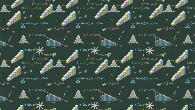 Seamless pattern of statistical formulas, normal distribution curves, and isometric 3D bar charts on a chalkboard background for data science and education procedurally created using JS , Canvas