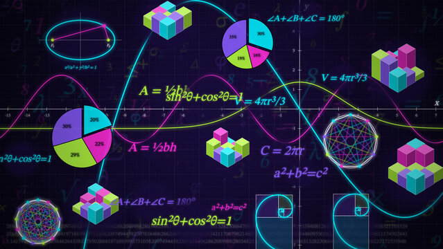 Mathematical formulas, geometric shapes, golden ratio spirals, and colorful 3D charts on a dark grid coordinate background for science education and data analysis procedurally created using JS , Canva
