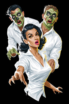 Woman flanked by two zombie men with green face paint reaching forward, vintage comic-style pin-up illustration