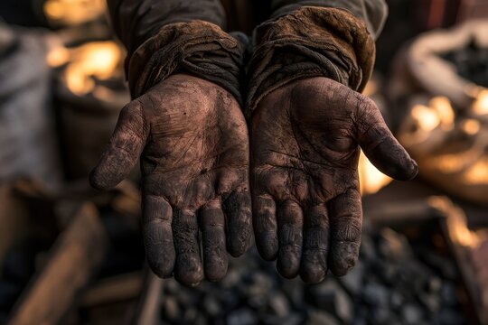 Rugged labor hands with ash and charcoal dust after a long shift