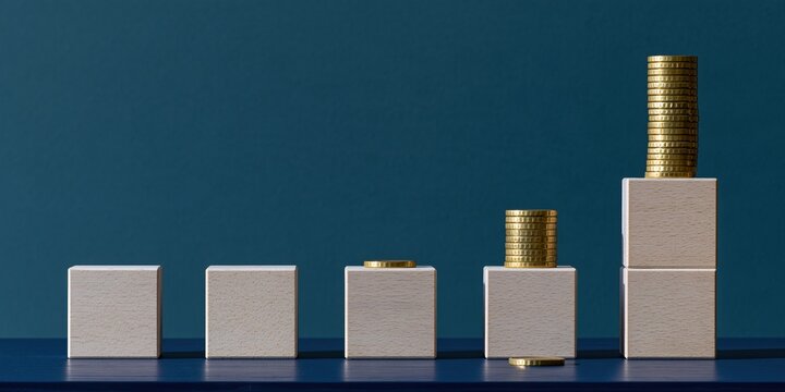 Payroll concept featuring wooden blocks with gold coin stacks on a dark teal table, with copy space for salary and growth ideas