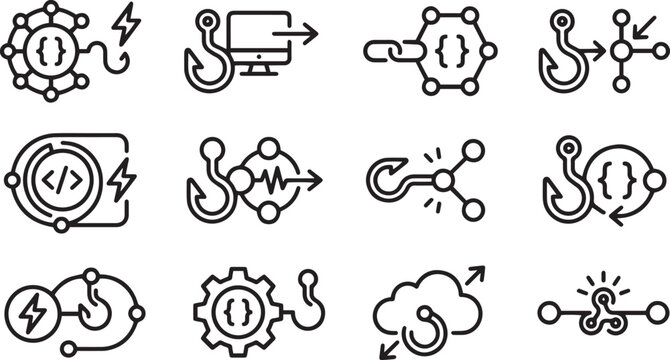 Set of API webhook trigger node vector line icons featuring software code brackets, network nodes, data hooks, and automation symbols for development