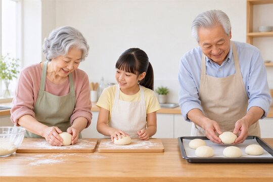 祖母が孫娘に生地の丸め方を教え祖父が天板に並べる家族のパン作り