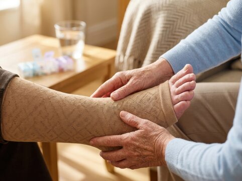 older adult compression sock assistance Elderly person receiving foot care and wearing compression socks at home.