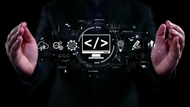 Modern web development concept featuring coding symbols, web development process, web development interface, and web development tools with futuristic design. Elide