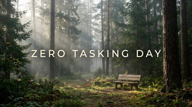 Zero Tasking Day text on wooden bench in misty forest with tall trees