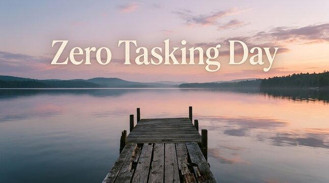 Zero Tasking Day text over wooden pier on calm lake at sunset horizon