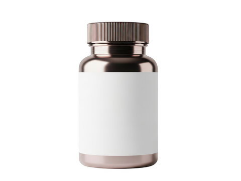 Metallic copper pill bottle with blank label for branding isolated on transparent background
