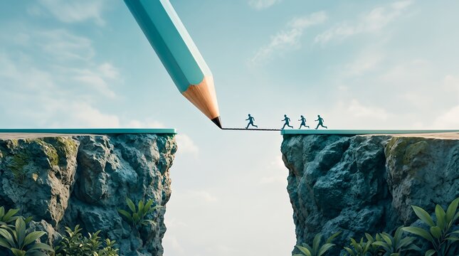 Giant blue pencil draws a thin bridge line across a deep gap between two rocky cliffs as tiny people walk across, symbolizing problem solving, creativity and overcoming challenges