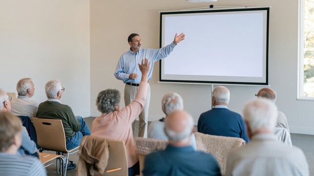 Blank projection screen and a presenter leading a seminar for seated seniors in a bright community room with copy space for public benefit information