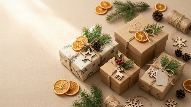 Overhead view of festive christmas gifts arranged with dried citrus slices and pine