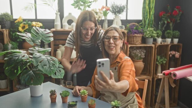 Woman wearing apron holds smartphone and poses taking selfie with a potted succulent and rows of pots on a table in a building; joyful teamwork.