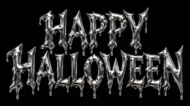 Chrome metallic dripping text Happy Halloween with sharp spooky letters and liquid silver drops, glossy reflective surface isolated on black background, Halloween greeting lettering design