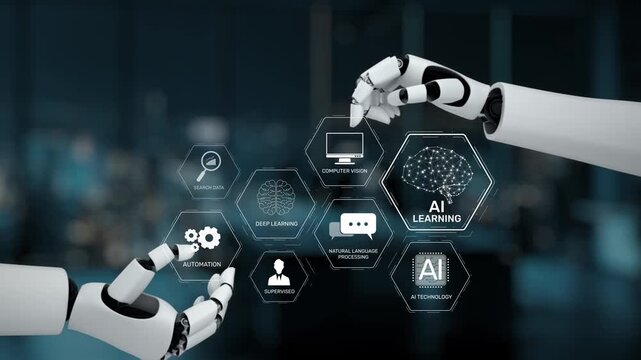A futuristic representation of AI learning technology featuring robotic hands and visualization tools, highlighting core concepts like automation and deep learning in a digital workspace. Synapse