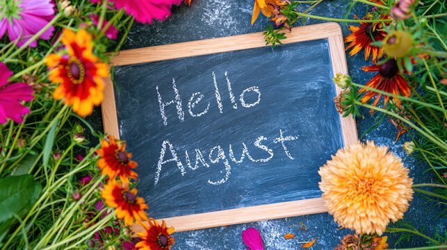 Hello August chalkboard surrounded by vibrant cosmos and rudbeckia blooms on a dark slate surface for seasonal greetings and monthly calendars