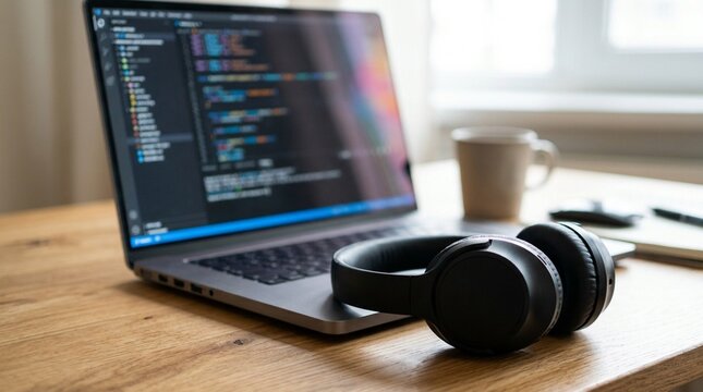 Headphones on a desk beside a laptop with a code editor, software developer workspace and remote programming