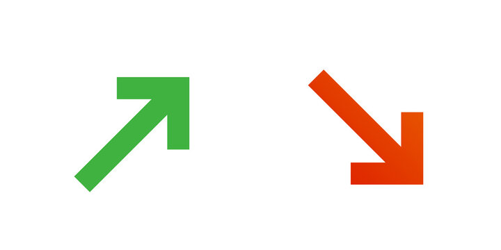 Green diagonal up arrow and red diagonal down arrow design set for UI interface design.