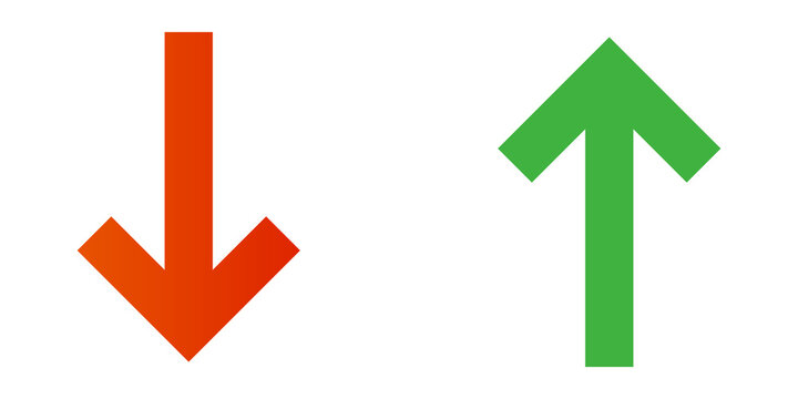 Red down arrow and green up arrow flat icons for financial growth and decline indicator.