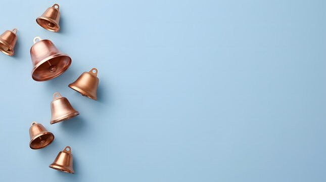 Collection of vintage brass bells arranged on a pale blue background with copy space