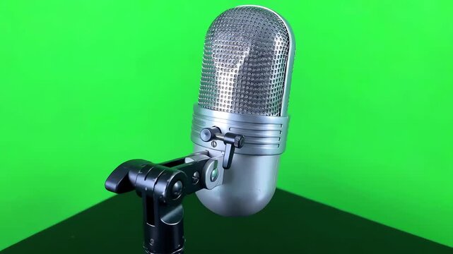 Vintage Silver Professional Studio Microphone Rotating Slowly on a Solid Green Screen Background for Easy Chroma Key Compositing