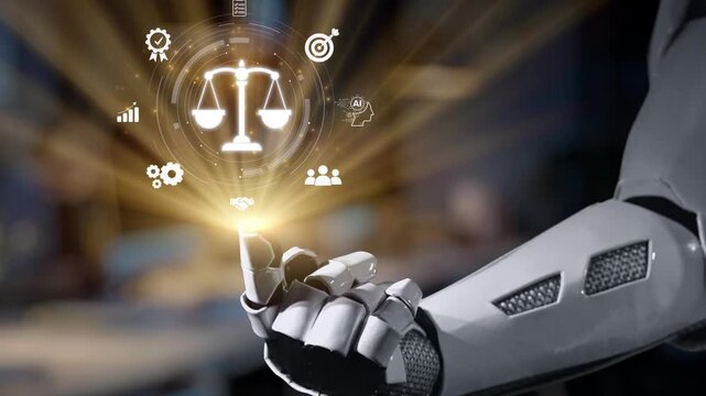 A robot hand interacts with a glowing icon of balanced scales, symbolizing the intersection of law and technology in contemporary society and ethical considerations. Salient