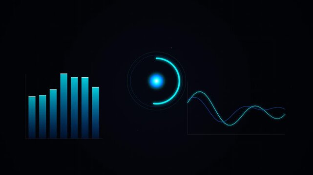 Futuristic digital head up display interface showcasing glowing blue financial growth bar charts circular loading metrics and animated wave line graphs designed for corporate data analytics