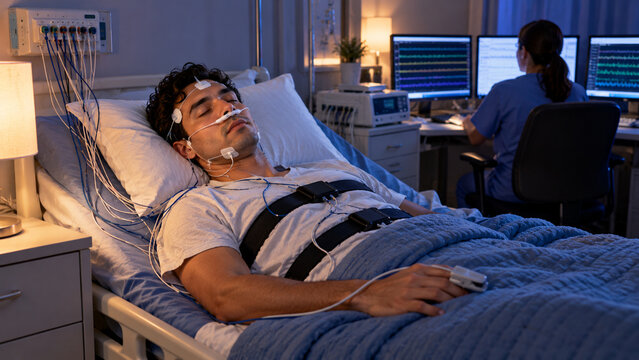 Male Patient Undergoing Overnight Sleep Study with Monitoring Sensors in Modern Sleep Laboratory