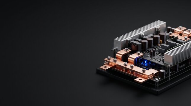 Advanced power electronic circuit board with copper busbars and heatsinks on dark background with copy space
