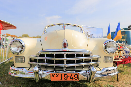 Kyiv, Ukraine - October 01, 2016: Front view of a vintage Soviet GAZ-12 ZIM retro car outdoors