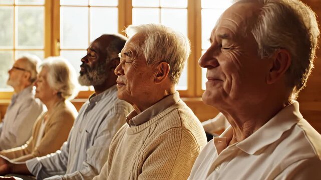 Diverse group of seniors practicing relaxation techniques indoors. Elderly people meditating and doing breathing exercises in a sunlit wooden room. Mindfulness and well-being concept