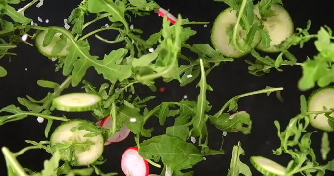 Arugula cucumber and radish falling in slow motion on black background