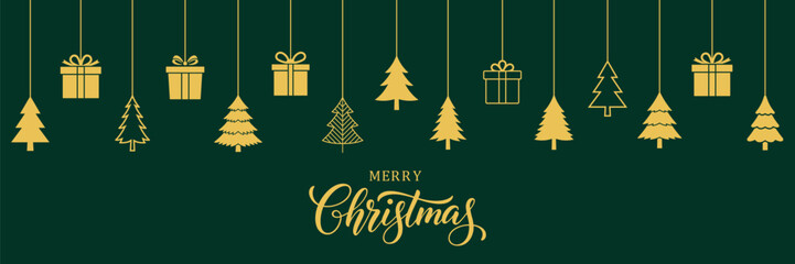Luxury Merry Christmas web banner featuring hanging gold Christmas trees and gift boxes on a deep green background. Elegant holiday vector background for festive greetings and web design. © bibin