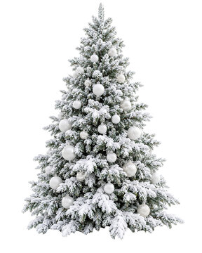 Snow-covered christmas tree with white ornaments and pine cones