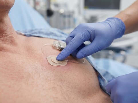 heart rhythm patch application closeup Nurse applying ECG electrodes on a male patient's chest in a hospital setting.