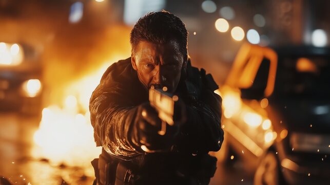 Extreme closeup of a gunman aiming forward in a blazing blockbuster scene