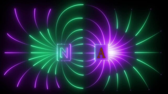 glowing neon magnetic field lines icon isolated on black background. Magnetic flux pattern around north and south poles. electromagnet physics education of science.
