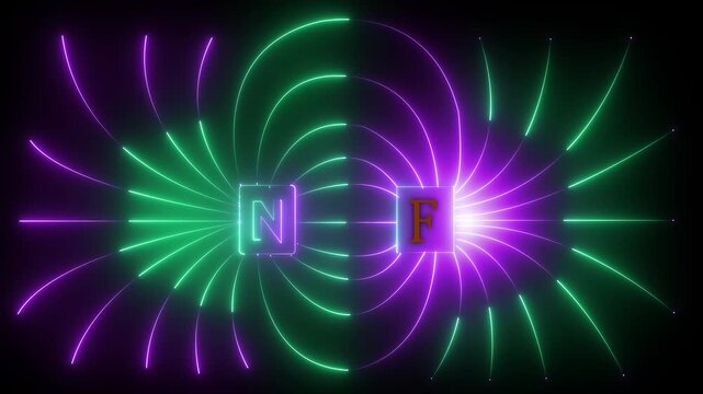 glowing neon magnetic field lines icon isolated on black background. Magnetic flux pattern around north and south poles. electromagnet physics education of science.