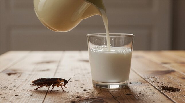 A cockroach crawls on a rustic wooden table next to a clear glass filled with fresh milk poured from a pitcher, symbolizing domestic contamination, pest control issues, and unhealthy hygiene