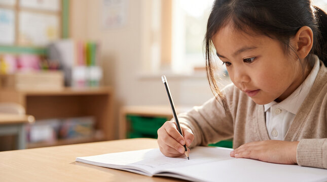 Young asian student practicing K handwriting in school classroom with focused expression, girl learning literacy, diligent pupil studying
