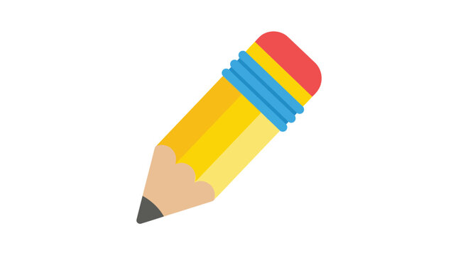 Yellow pencil with red eraser and blue band flat vector illustration