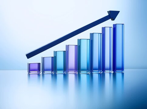 Animated 3D transparent bar chart with blue arrow going up indicating success and targets reached.